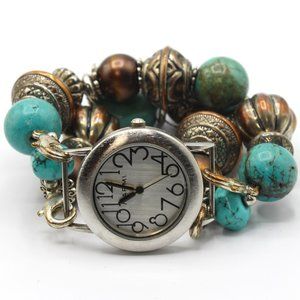 Vintage Turquoise Beaded Watch, Turquoise And Silver Watch, Southwestern, Boho,